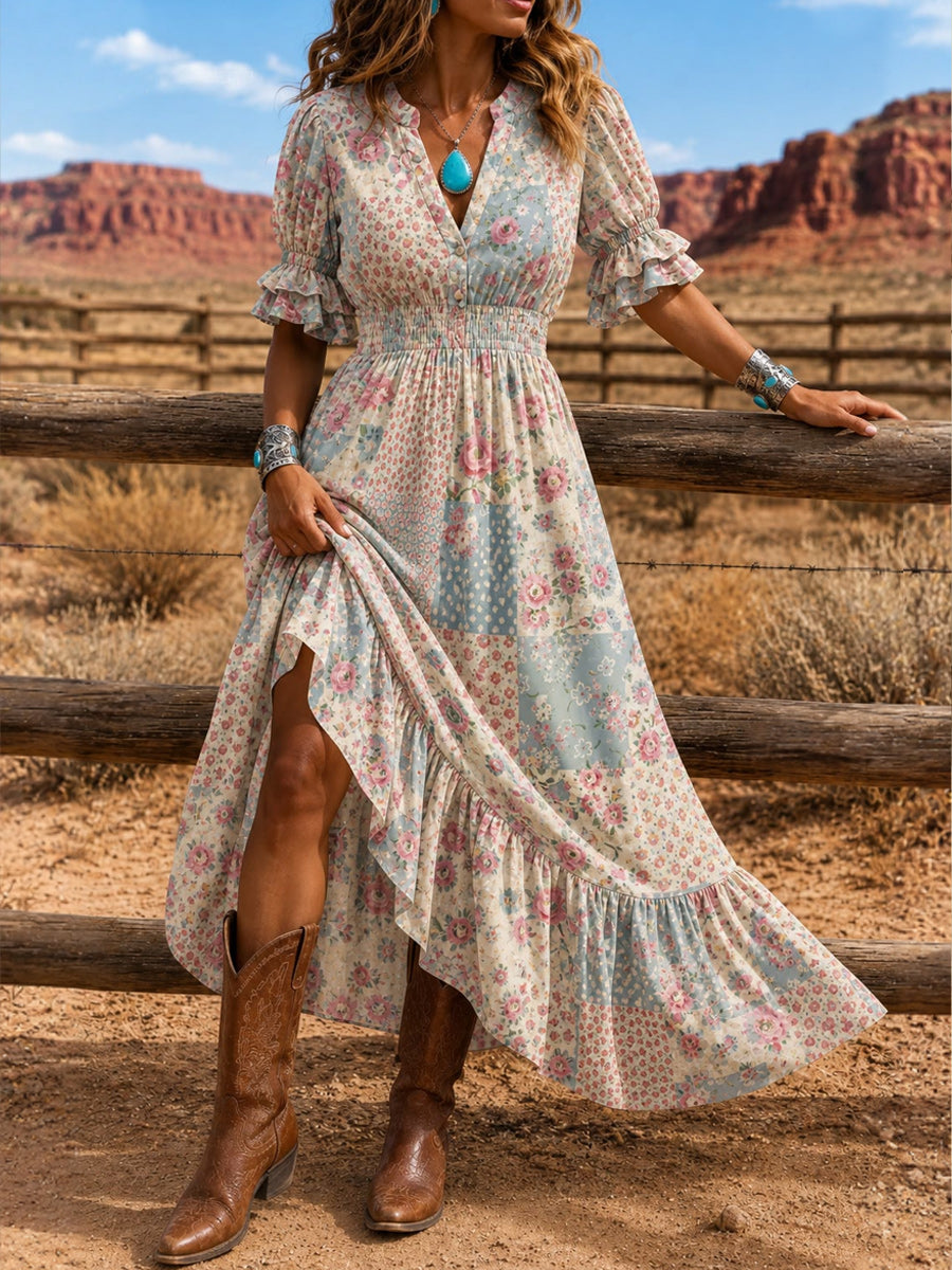 Women's Retro Art Print Washed Cotton Layered Patchwork Midi Dress