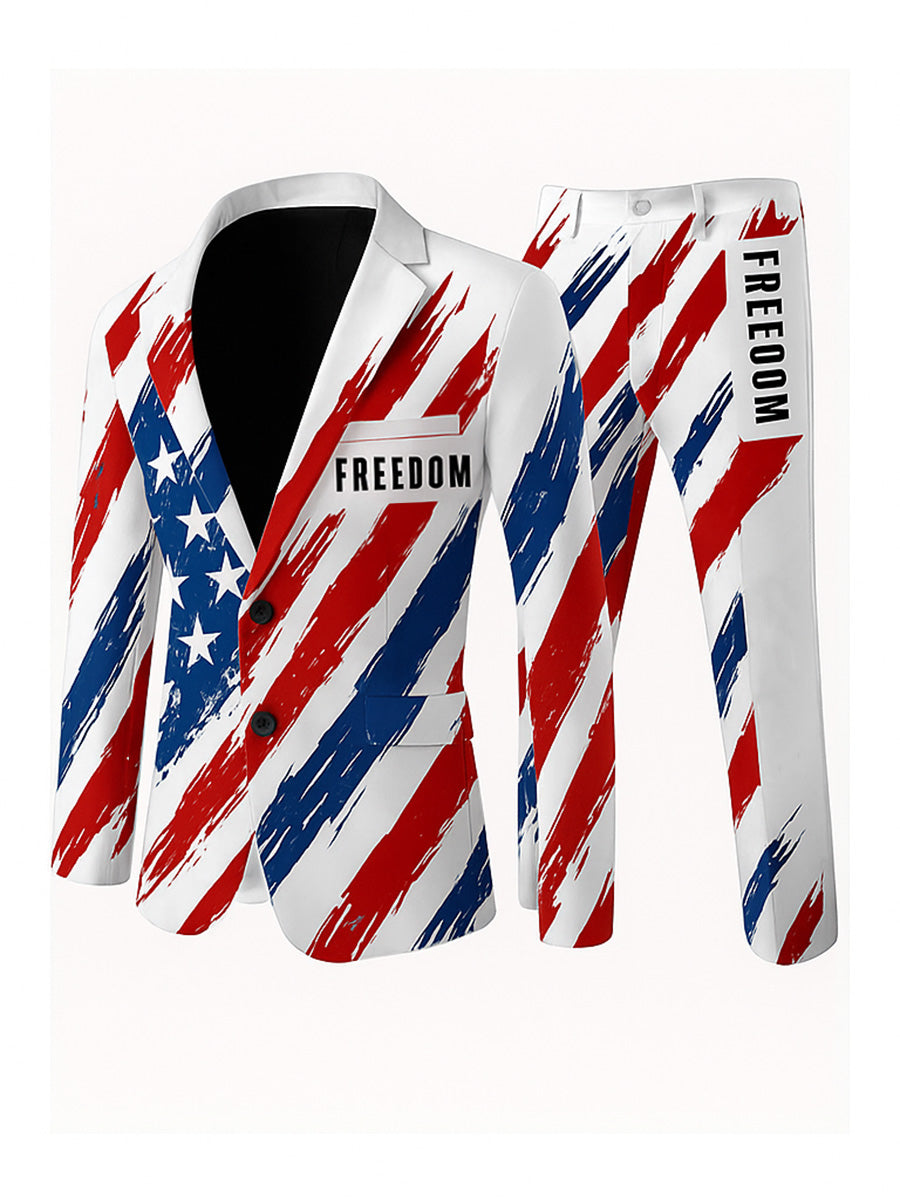 Men's Freedom American Flag Print Casual Jacket Trousers Two-Piece Suits