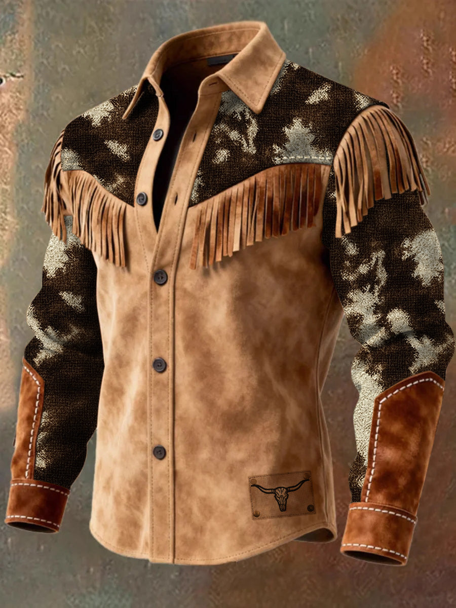 Men's Retro Western Style Art Print Vintage Tassel Casual Long Sleeve Shirt