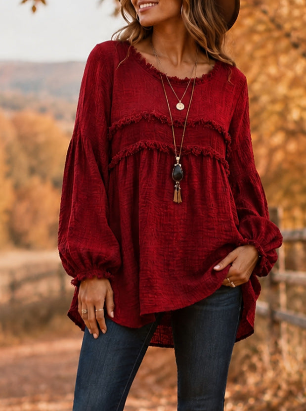 Women's Loose Fringe Spliced Button Casual Blouse Top