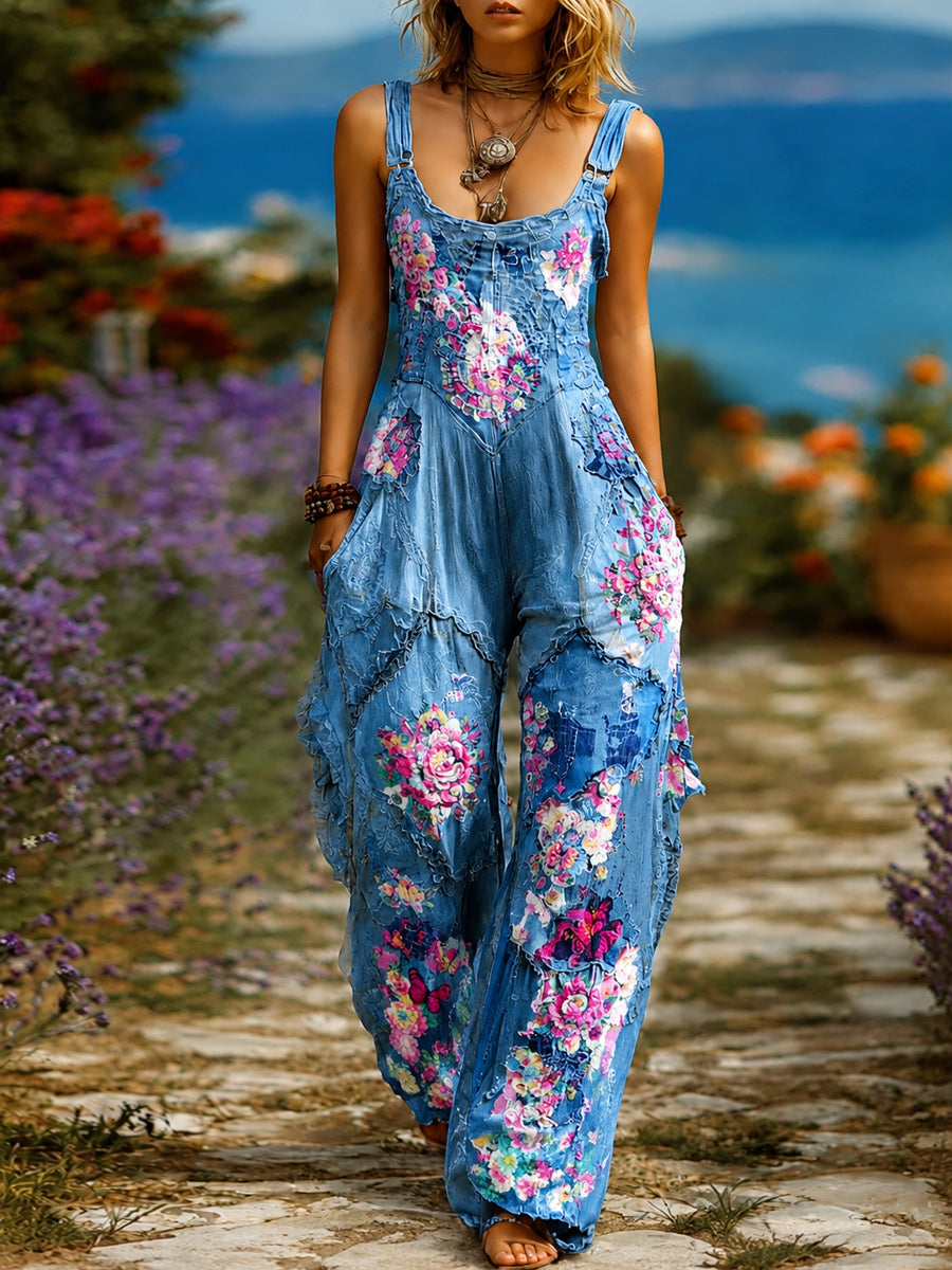 Women's Retro Style Art Print Washed Cotton Denim Patchwork Jumpsuit