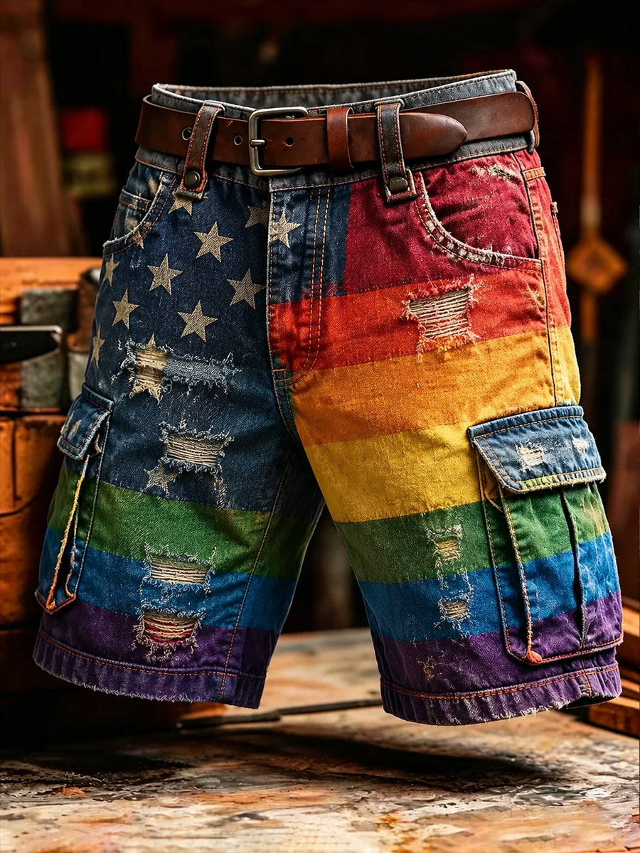 Men's Retro Pride Month Rainbow Art Print Casual Loose Pocket Work Shorts