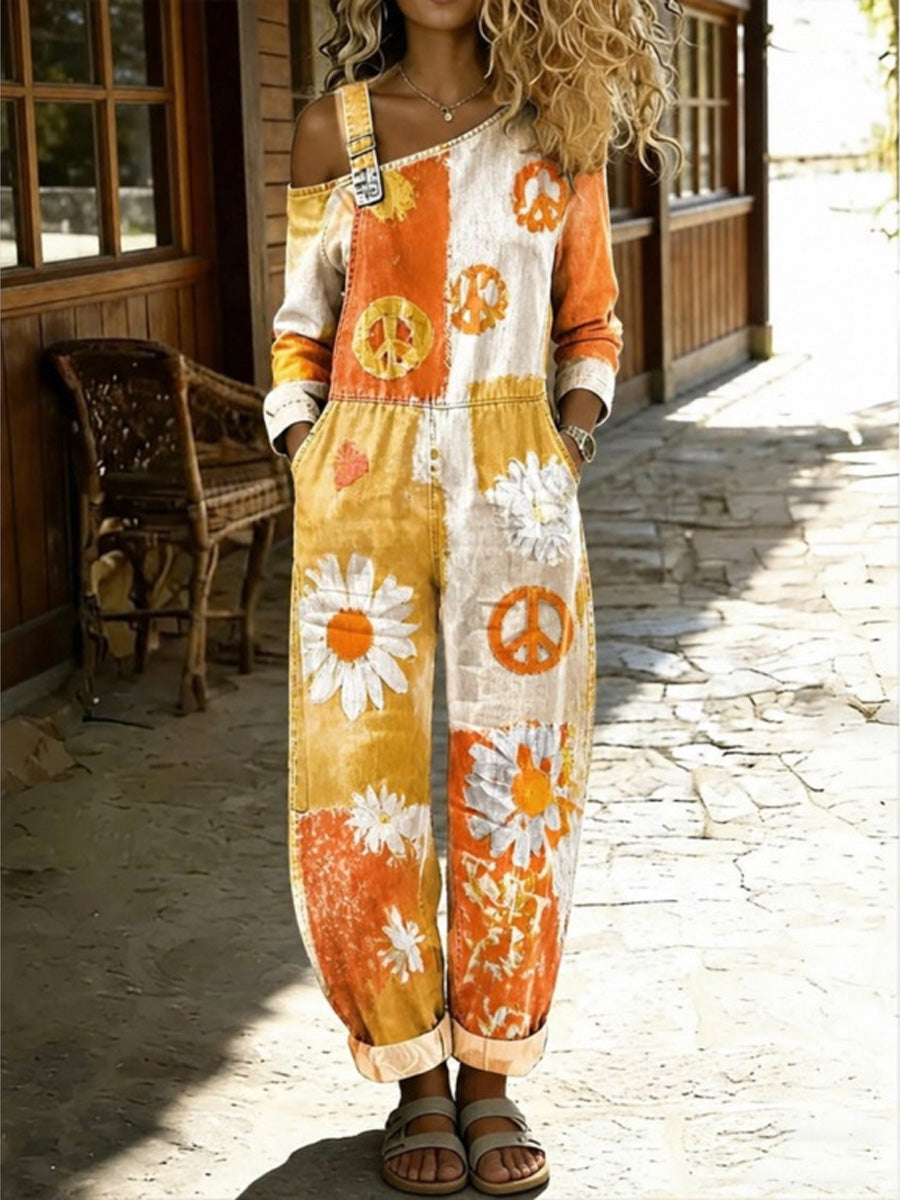 Women's Retro Style Floral Art Print Washed Cotton Denim Patchwork Jumpsuit