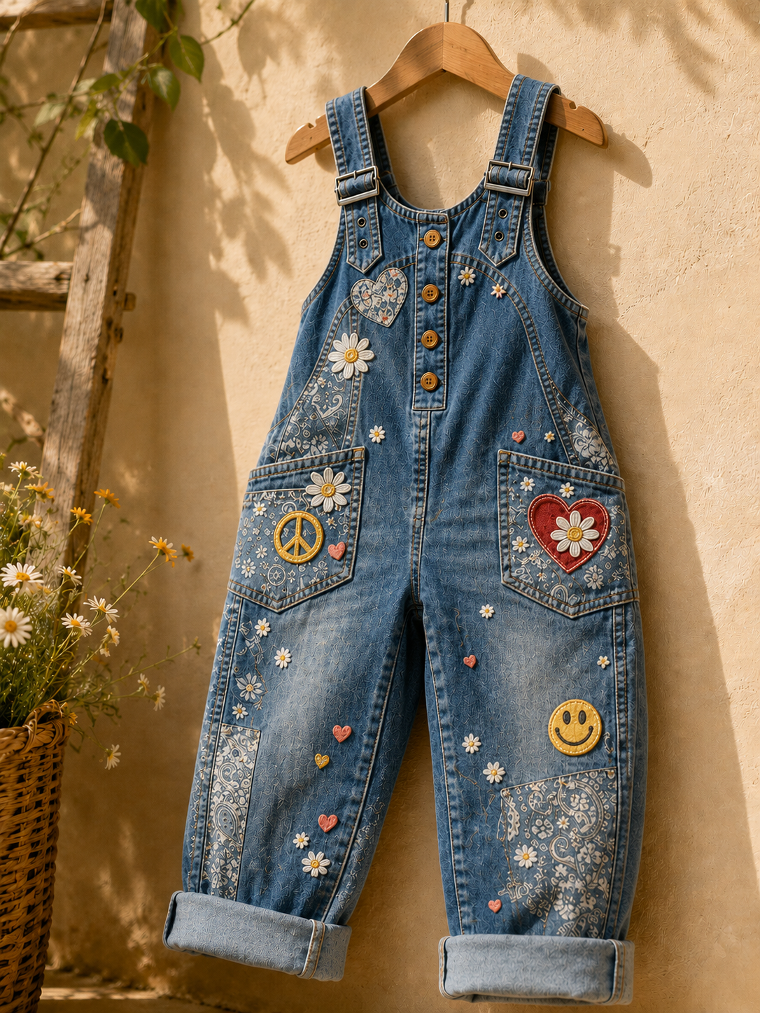 Women's Retro Floral Color-Blocked Art Print Washed Cotton Denim Patchwork Jumpsuit