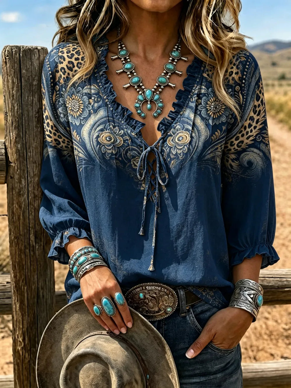 Women's Boho Paisley Ombre Lace Up 3/4 Puff Sleeve Western Blouse