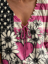 Women's Retro Flag And Floral Art Print Casual Three-quarter Sleeve V-neck Ruffled Drawstring Shirt