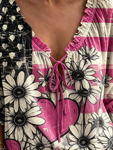 Women's Retro Flag And Floral Art Print Casual Three-quarter Sleeve V-neck Ruffled Drawstring Shirt