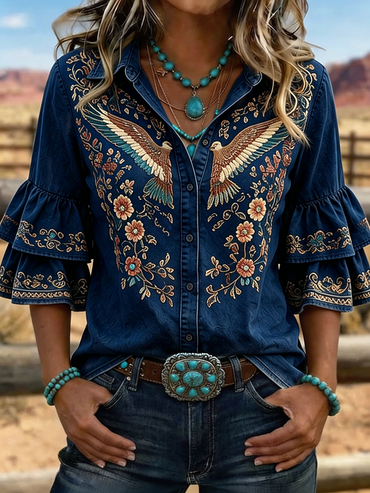 Women's Western Eagle Floral Embroidered Ruffle Sleeve Blouse