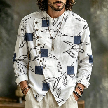 Men's Vintage Japanese Floral Ink Art Print Flowy Linen Blend Casual Buttons Shirts