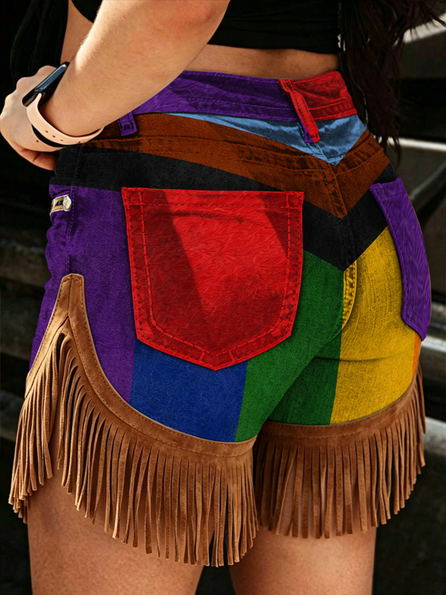 Women's Retro Style Art Print Casual Leather Fringe Patchwork Pocket Shorts
