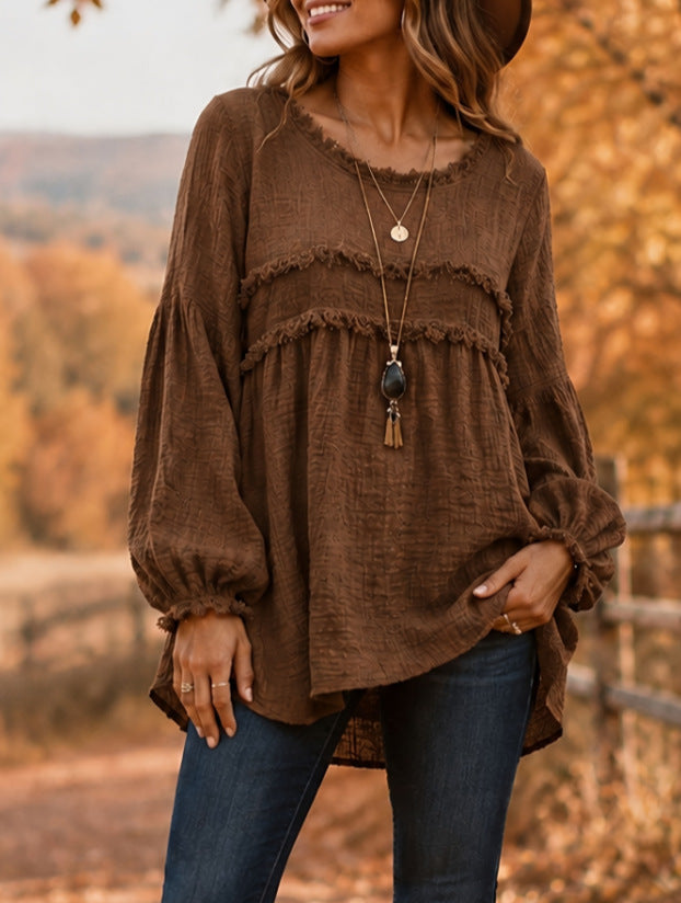 Women's Loose Fringe Spliced Button Casual Blouse Top