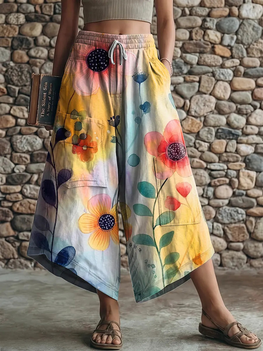 Ethnicity Watercolor Flowers Gradation Women's Art Print Casual Elastic Waist Loose Pants