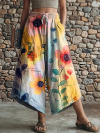 Ethnicity Watercolor Flowers Gradation Women's Art Print Casual Elastic Waist Loose Pants