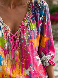 Women's Retro Colorful Star Art Print Casual Long Sleeve V-neck Ruffled Cotton Shirt