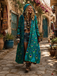 Retro Bohemian Style Art Printed Cotton Buttoned Hooded Casual Loose Long-Sleeved Shirt