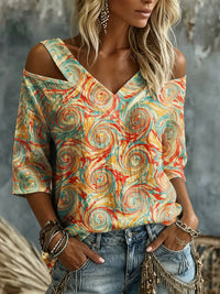 Women's Retro Ethnic Colorful Art Print Casual Three-quarter Sleeve V-neck Off-shoulder Cotton Linen Shirt