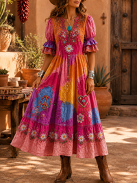 Women's Retro Art Print Washed Cotton Lace Patchwork Midi Dress