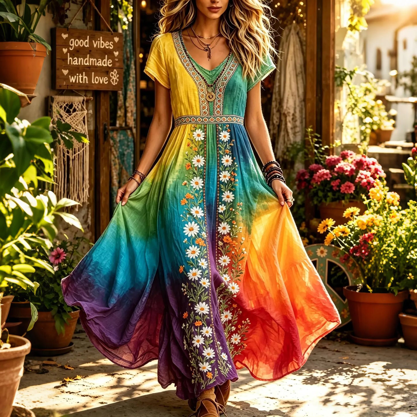 Women's Vintage Hippie Floral Embroidery Art V Neck Short Sleeve Maxi Dress