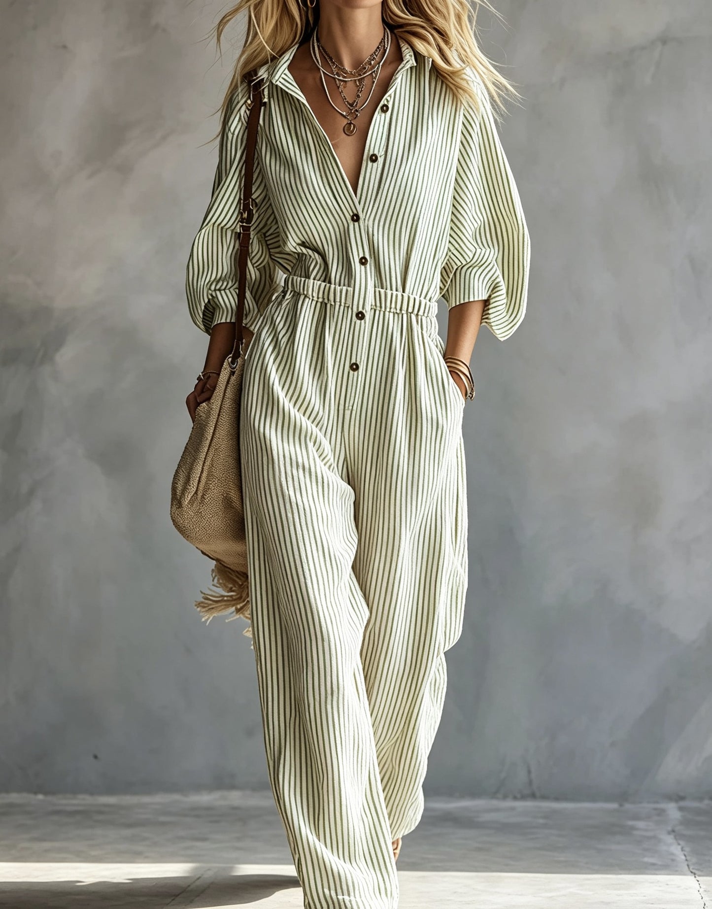 Women's Long Sleeve Striped Casual Jumpsuit
