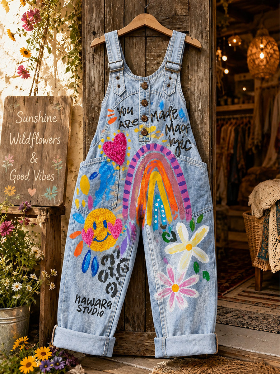 Women's Retro Style Art Print Washed Cotton Denim Patchwork Jumpsuit