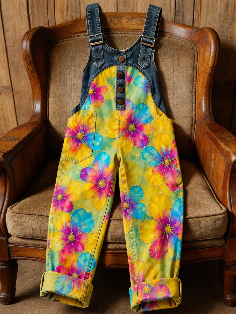 Women's Retro Style Art Print Washed Cotton Denim Patchwork Jumpsuit