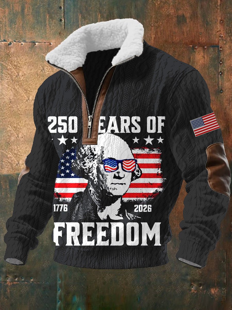 Men's American Flag Freedom Print Jacquard Fabric Zipper Fur Collar Long Sleeve Sweatshirt
