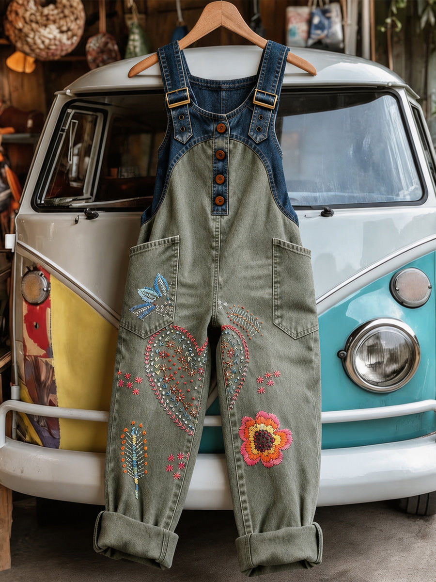 Women's Retro Style Art Print Washed Cotton Denim Patchwork Jumpsuit