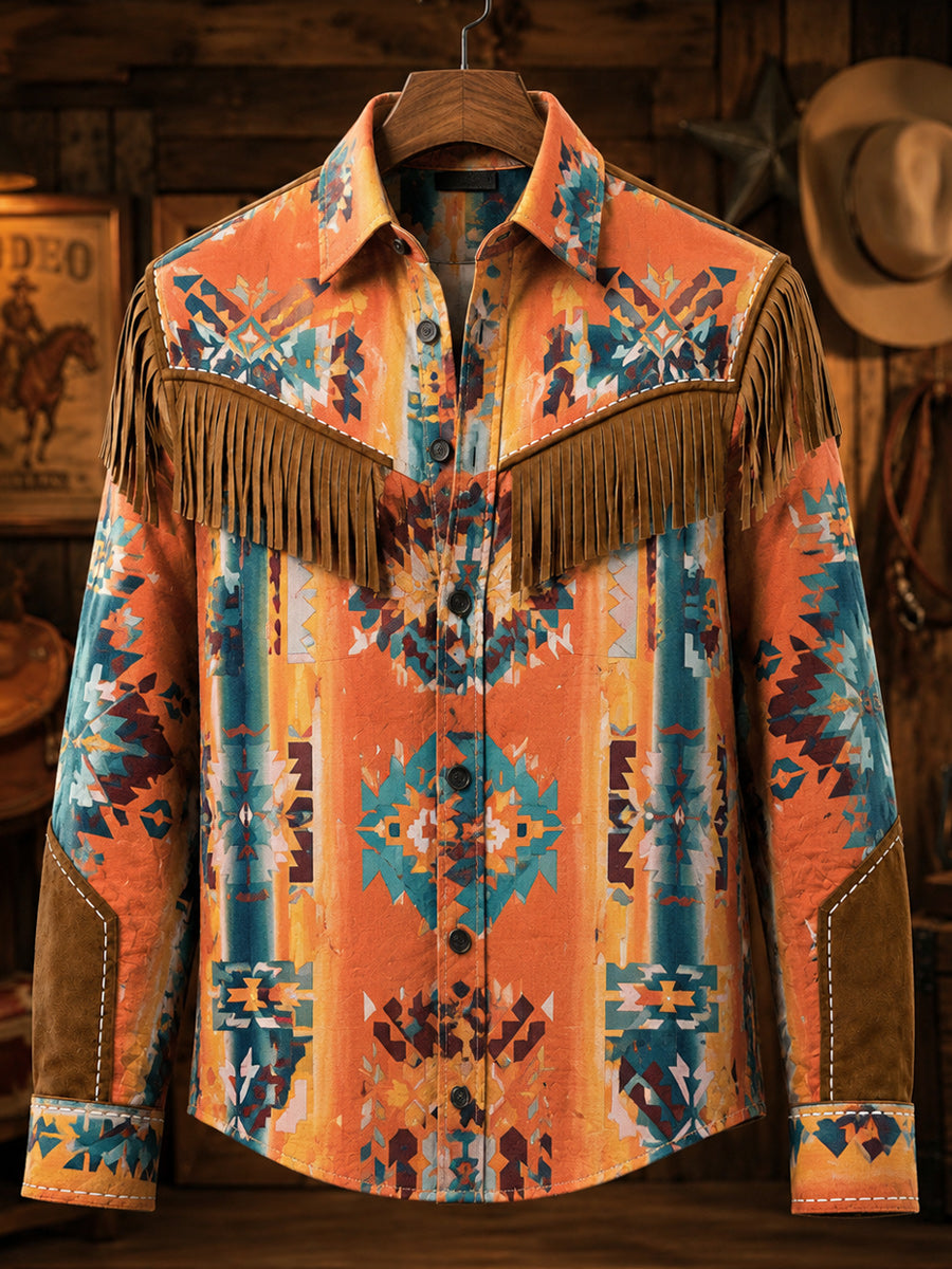 Men's Retro Style Art Print Western Vintage Tassel Casual Long Sleeve Shirt
