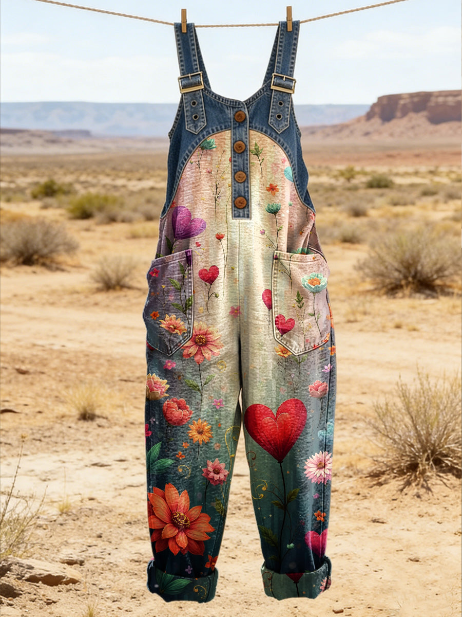 Women's Retro Floral Color-Blocked Art Print Washed Cotton Denim Patchwork Jumpsuit