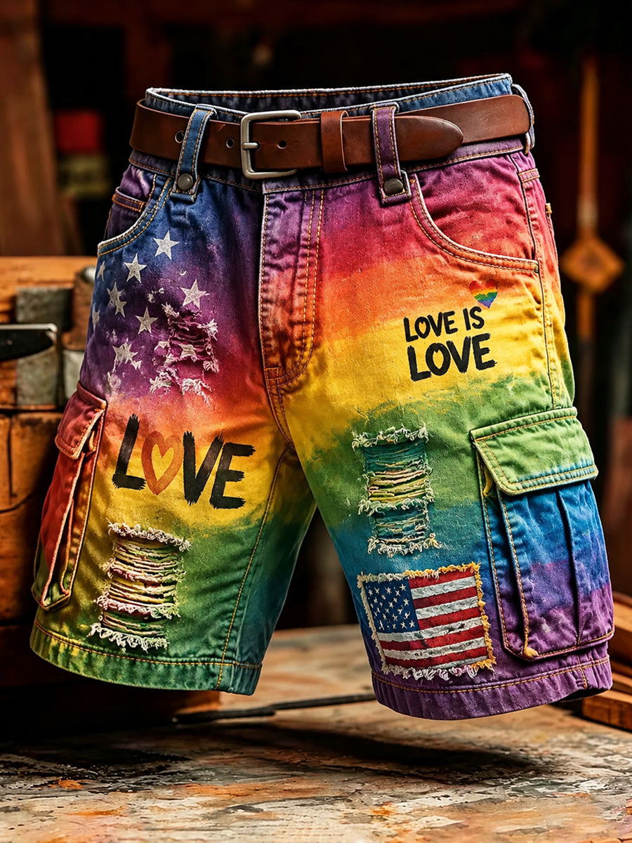 Men's Retro Pride Month Rainbow Art Print Casual Loose Pocket Work Shorts