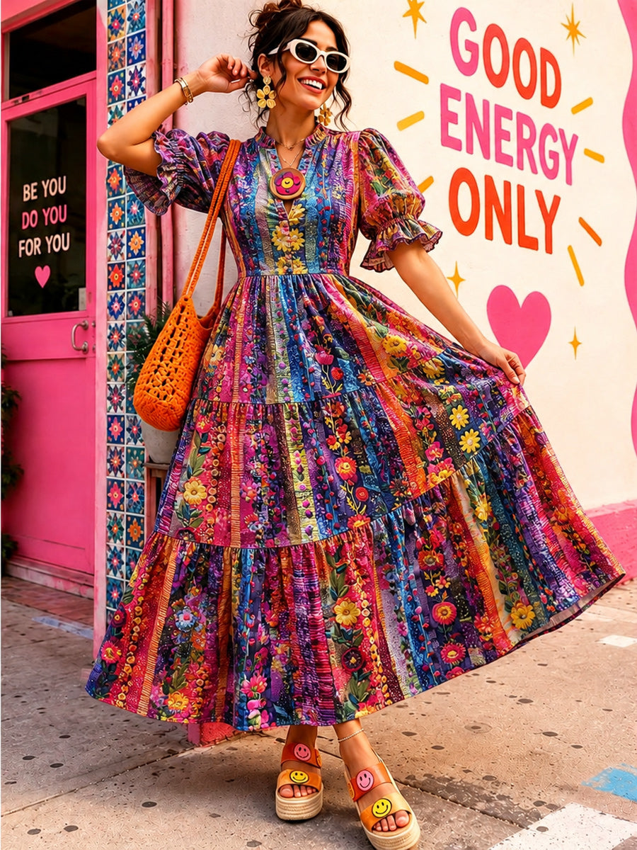 Women's Retro Art Print Washed Cotton Lace Patchwork Midi Dress