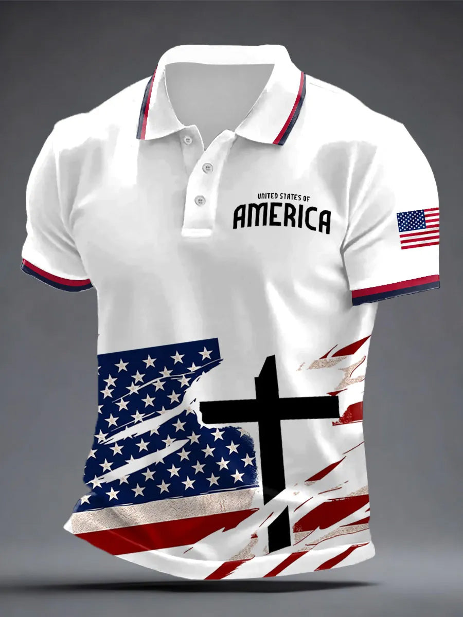 Men's USA Soccer Supporter Printed Retro Round Neck Short Sleeves Polo-Shirt