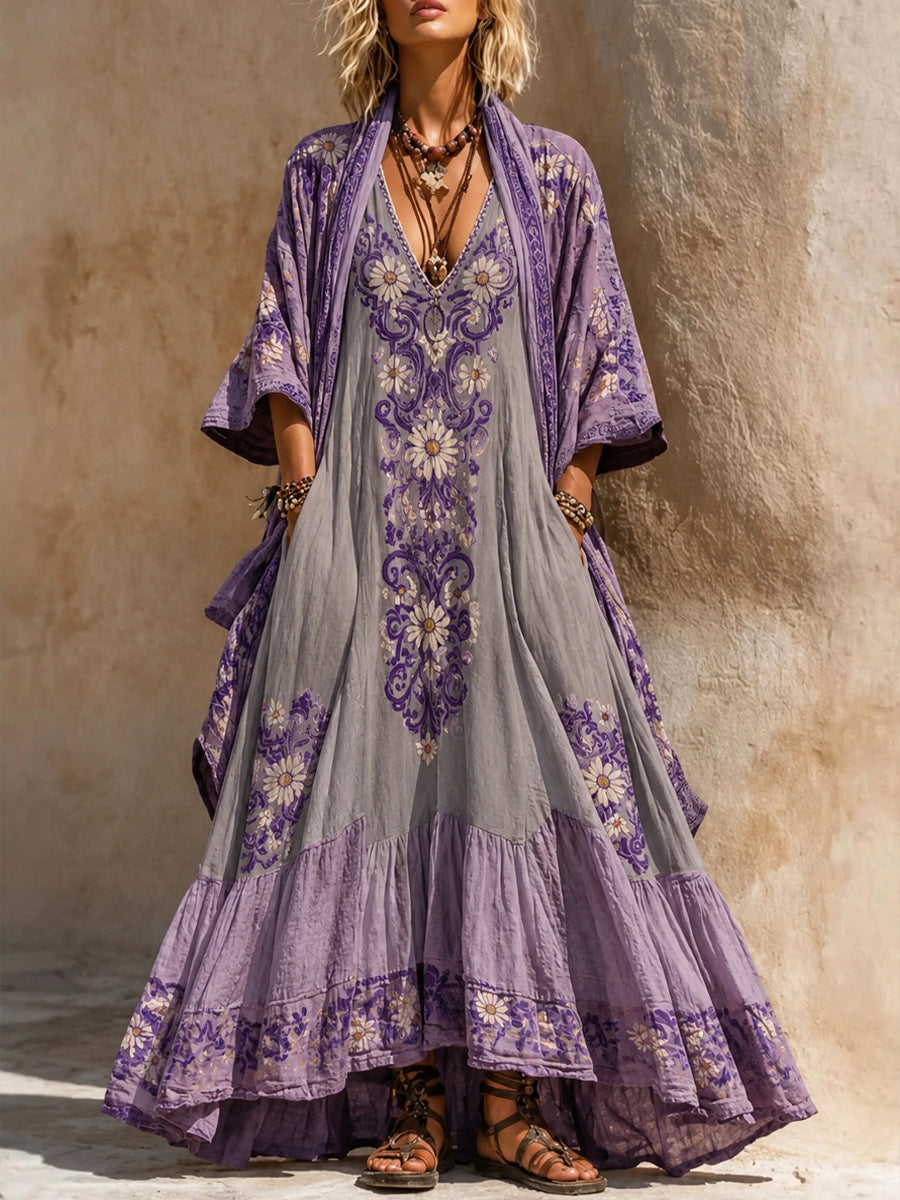 Retro Style Art Printed Vintage Camisole Dress Long Sleeve Two-Piece Maxi Dress