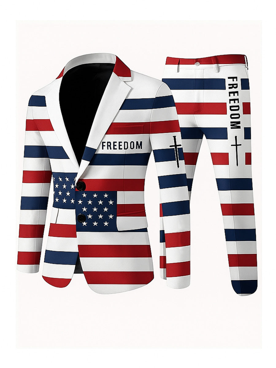 Men's Freedom American Flag Print Casual Jacket Trousers Two-Piece Suits