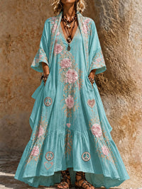 Retro Style Art Printed Vintage Camisole Dress Long Sleeve Two-Piece Maxi Dress