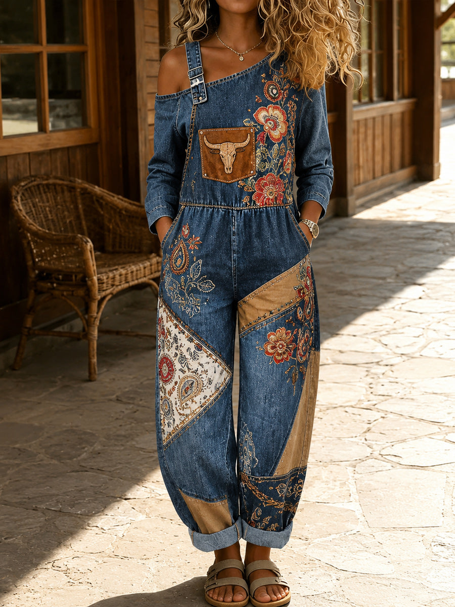 Women's Retro Style Art Print Washed Cotton Denim Patchwork Jumpsuit