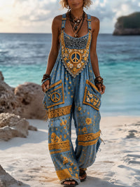 Women's Retro Style Art Print Washed Cotton Denim Patchwork Jumpsuit