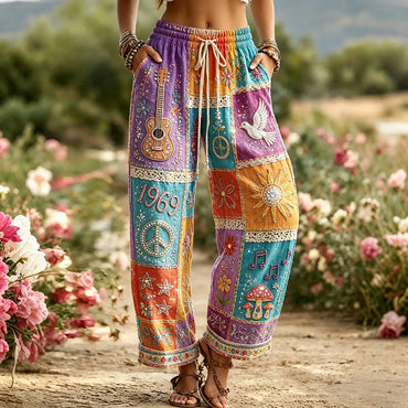 Women's Vintage Hippie Floral Music Guitar Art Pattern Casual Linen Pants