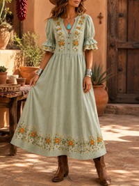 Women's Retro Art Print Washed Cotton Lace Patchwork Midi Dress