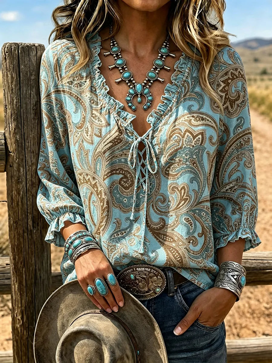 Women's Boho Paisley Ombre Lace Up 3/4 Puff Sleeve Western Blouse