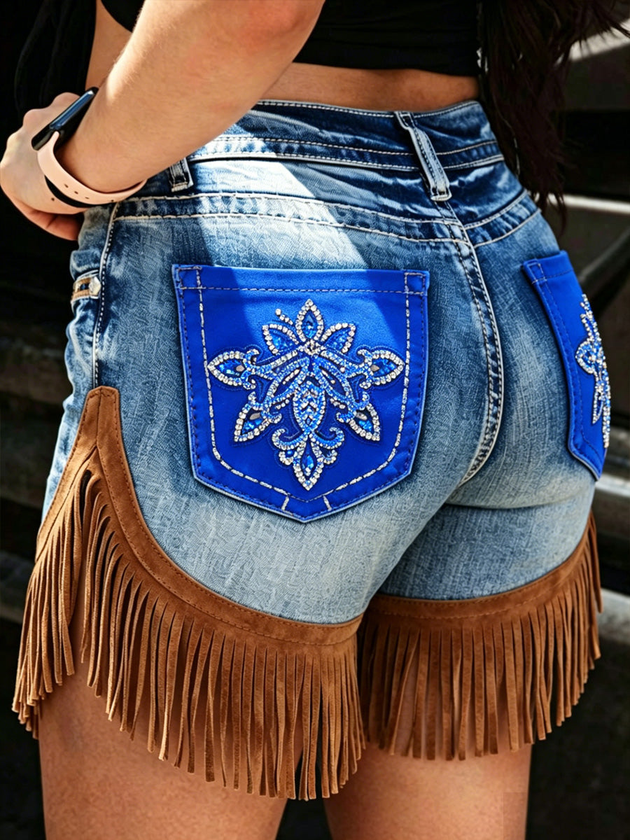 Women's Retro Floral Art Print Casual Leather Fringe Patchwork Pocket Shorts
