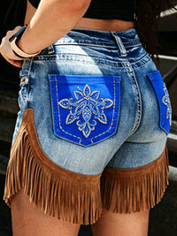 Women's Retro Floral Art Print Casual Leather Fringe Patchwork Pocket Shorts