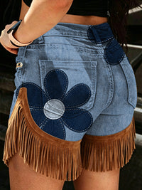 Women's Retro Style Art Print Casual Leather Fringe Patchwork Pocket Shorts