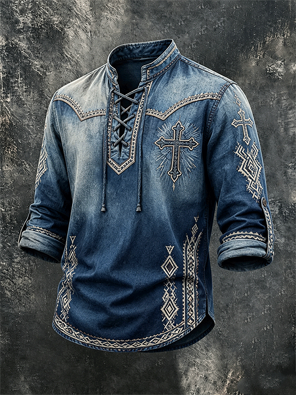Men's Western Cross Ethnic Pattern Lace Up Vintage Long Sleeve Shirt