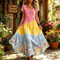 Women's Vintage Hippie Peace Floral Embroidery Art V Neck Short Sleeve Maxi Dress