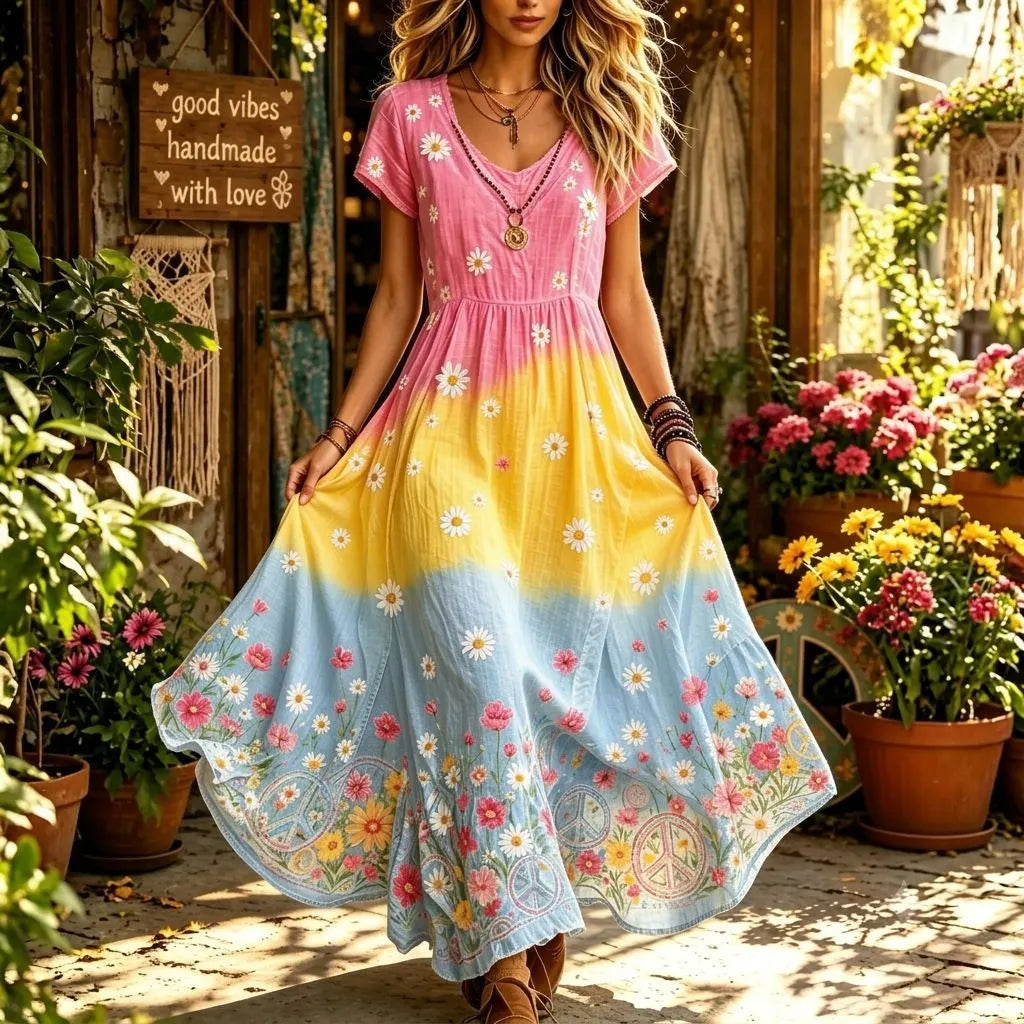 Women's Vintage Hippie Peace Floral Embroidery Art V Neck Short Sleeve Maxi Dress
