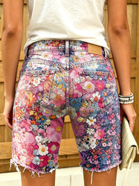 Women's All-Over Watercolor Floral Print Frayed Denim Bermuda Shorts