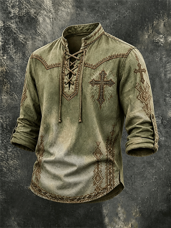 Men's Western Cross Ethnic Pattern Lace Up Vintage Long Sleeve Shirt