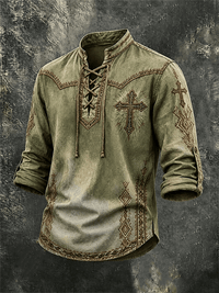 Men's Western Cross Ethnic Pattern Lace Up Vintage Long Sleeve Shirt