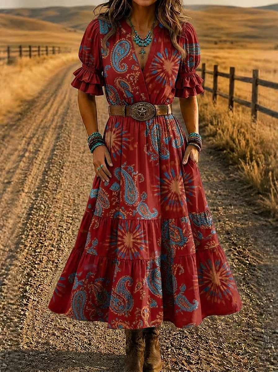 Women's Western Boho Paisley Tie-Dye Printed Dress
